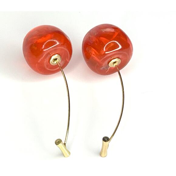 VTG Cherry Threader EARRINGS 2.25" Dangle Drop Red Flower Petal Acrylic Cherries - Picture 2 of 5